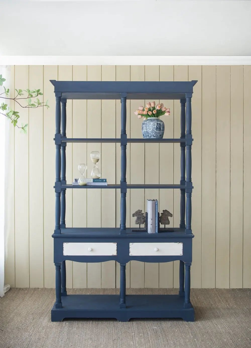 4 Tier Wooden Shelf With Two Drawers - Antique Navy Blue by HouseOfZazla