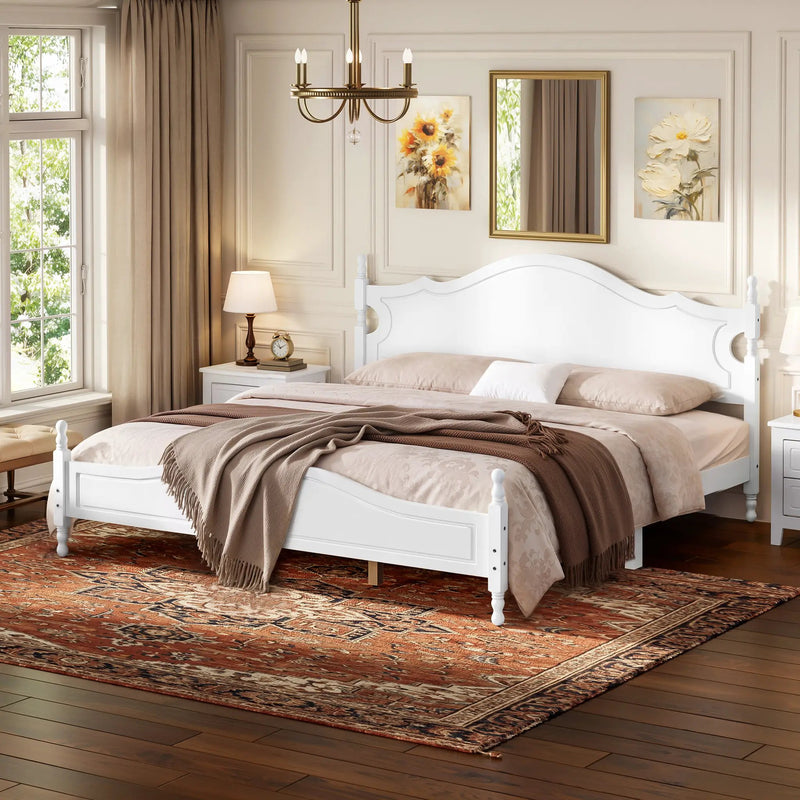 King Bed Frame with Headboard, Retro Style Wooden Platform Bed by HouseOfZazla