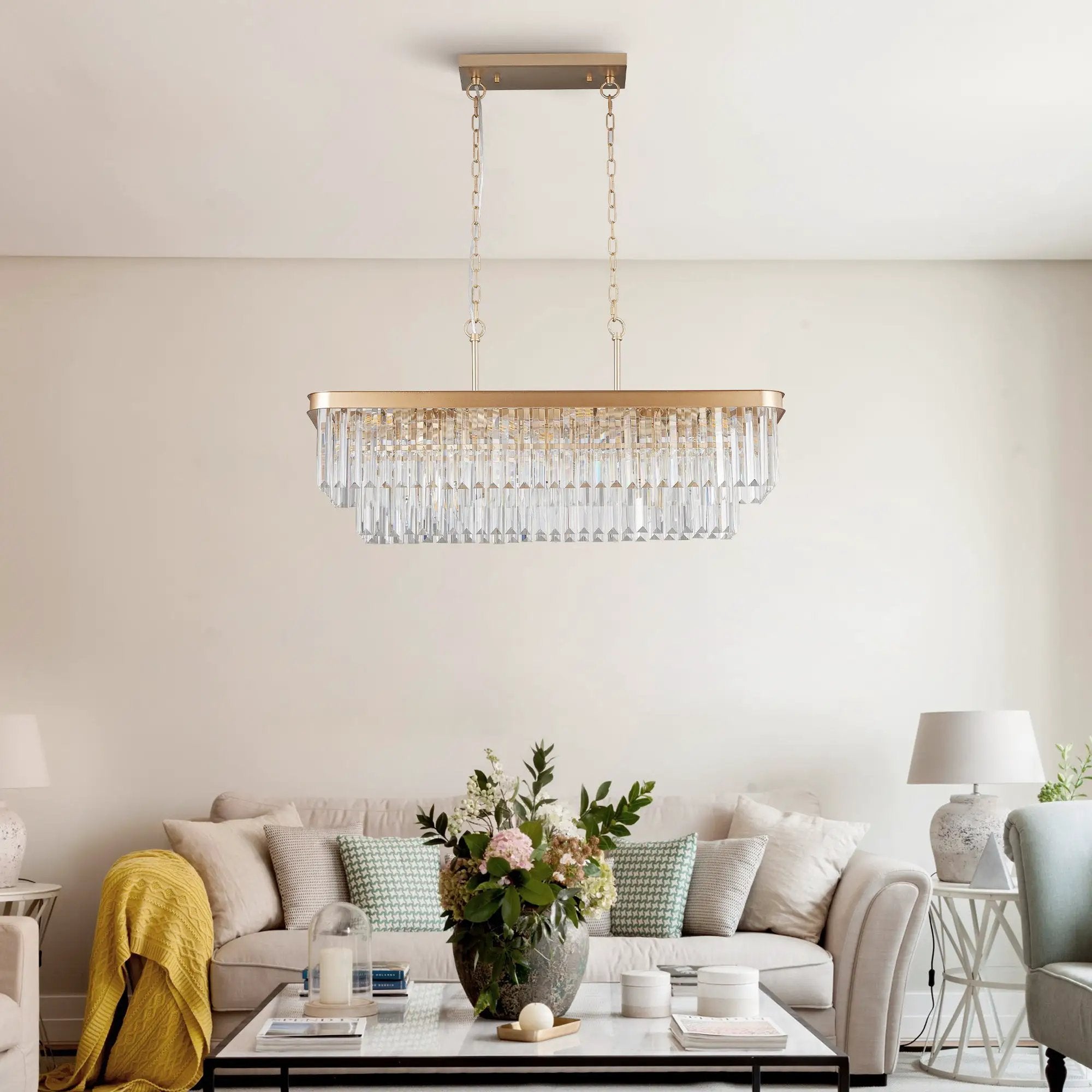 Rectangular Crystal Chandelier Adjustable Gold Iron Ceiling Light by HouseOfZazla