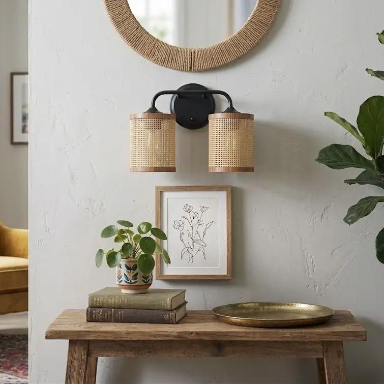 Quell - Double Light Vanity With Natural Shade Wall Lamp - Black / Rattan by Unique Piece Furniture