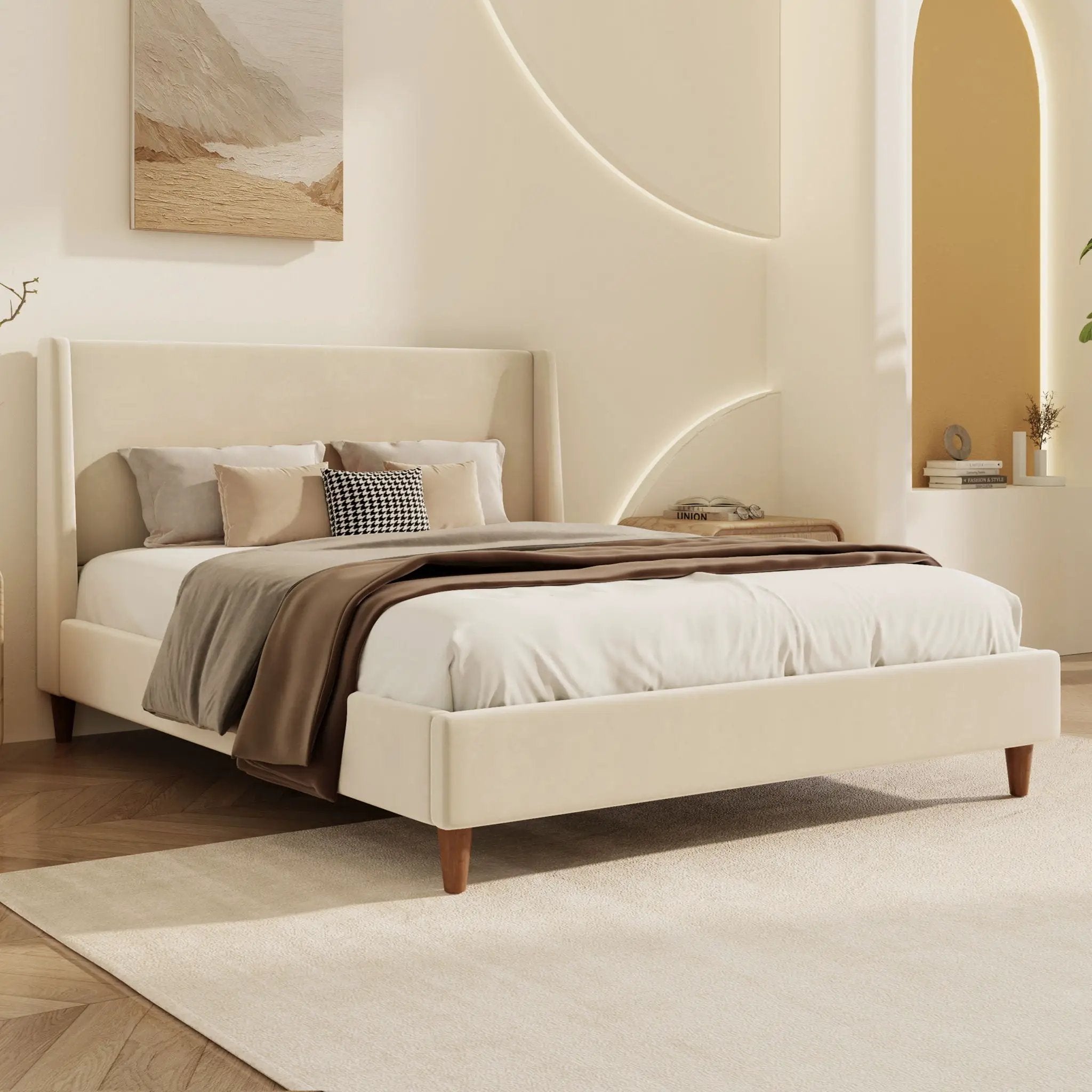 Modern Upholstered Platform Bed With Wingback Headboard