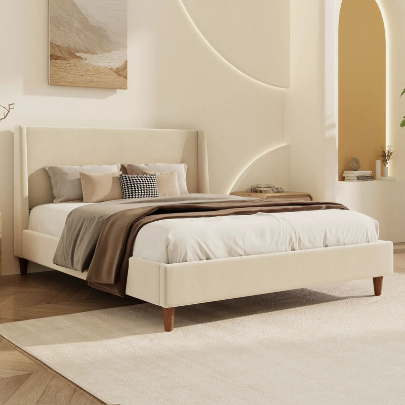 Modern Upholstered Platform Bed With Wingback Headboard