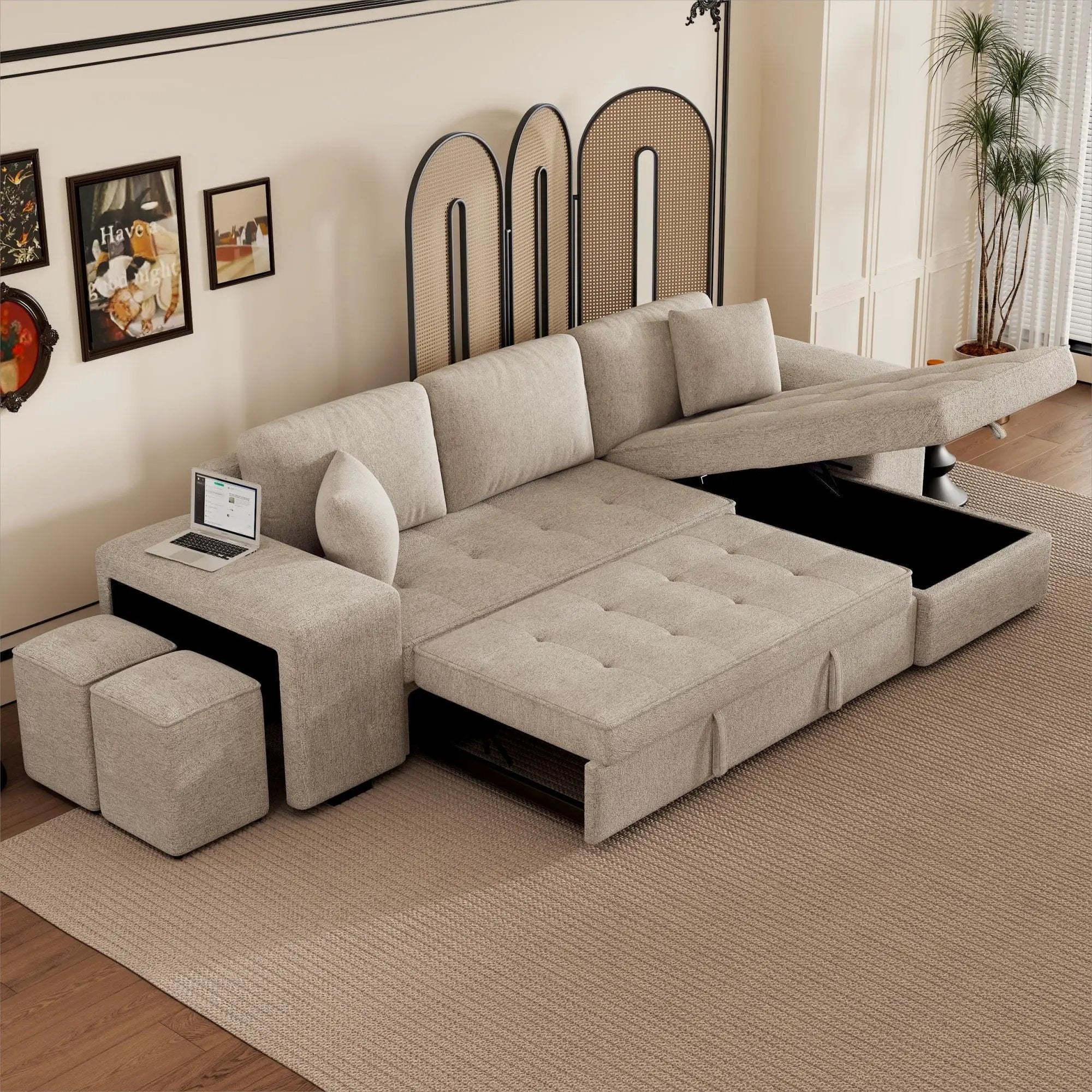 Modern L-Shape 3 Seat Reversible Sectional Couch, Pull Out Sleeper Sofa With Storage Chaise And 2 Stools For Living Room Furniture Set by Unique Piece Furniture