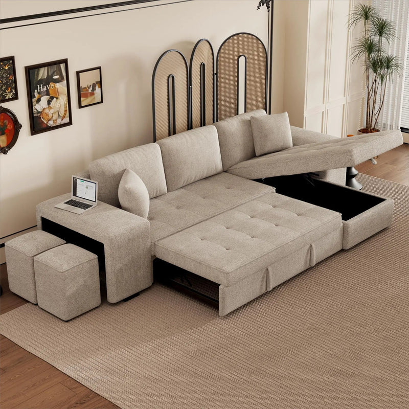 Modern L-Shape 3 Seat Reversible Sectional Couch, Pull Out Sleeper Sofa With Storage Chaise And 2 Stools For Living Room Furniture Set by HouseOfZazla