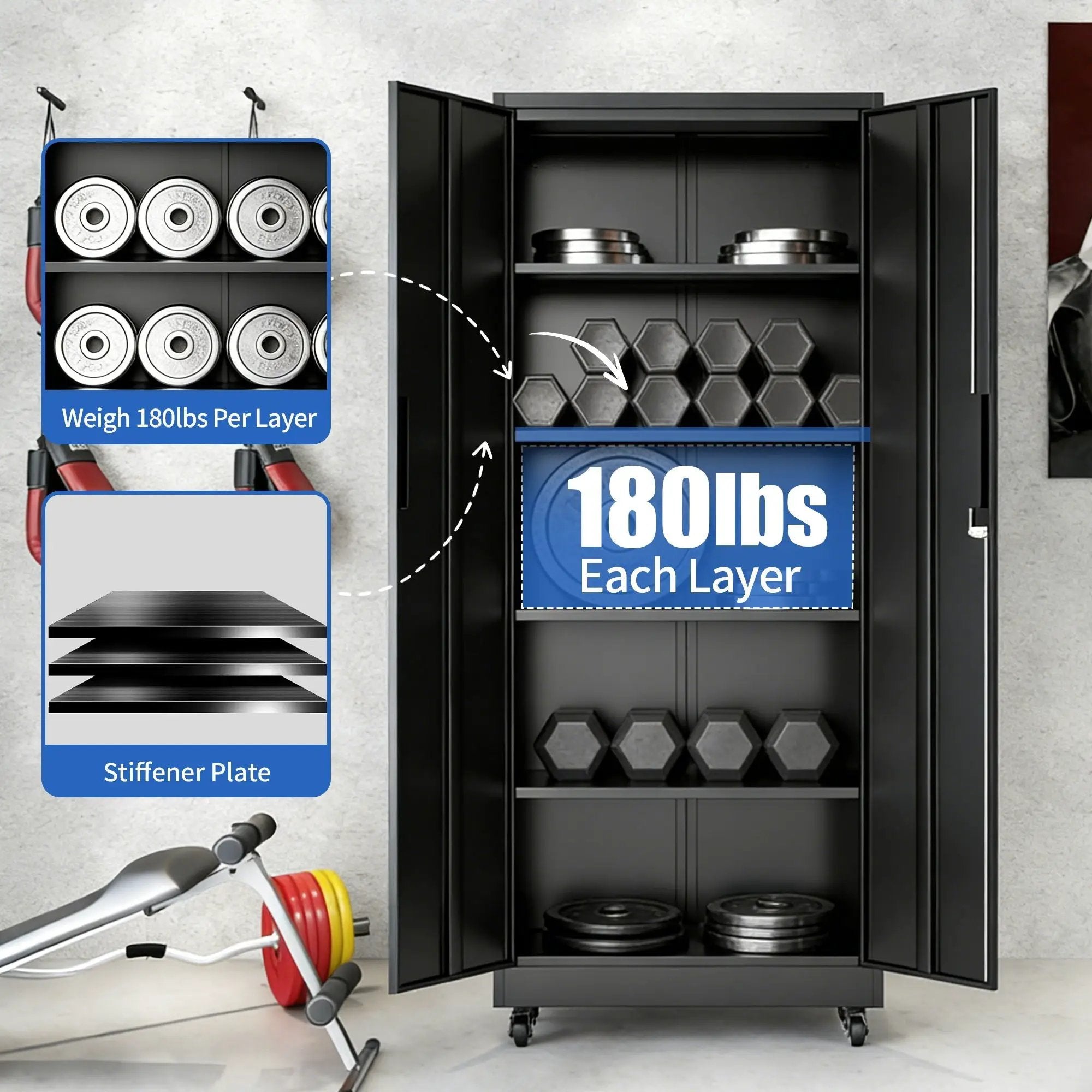 Storage Cabinet With Wheels And Lock, 4 Adjustable Shelves, 3 Point Locking Security, For Tool Organization In Garage - Black by HouseOfZazla