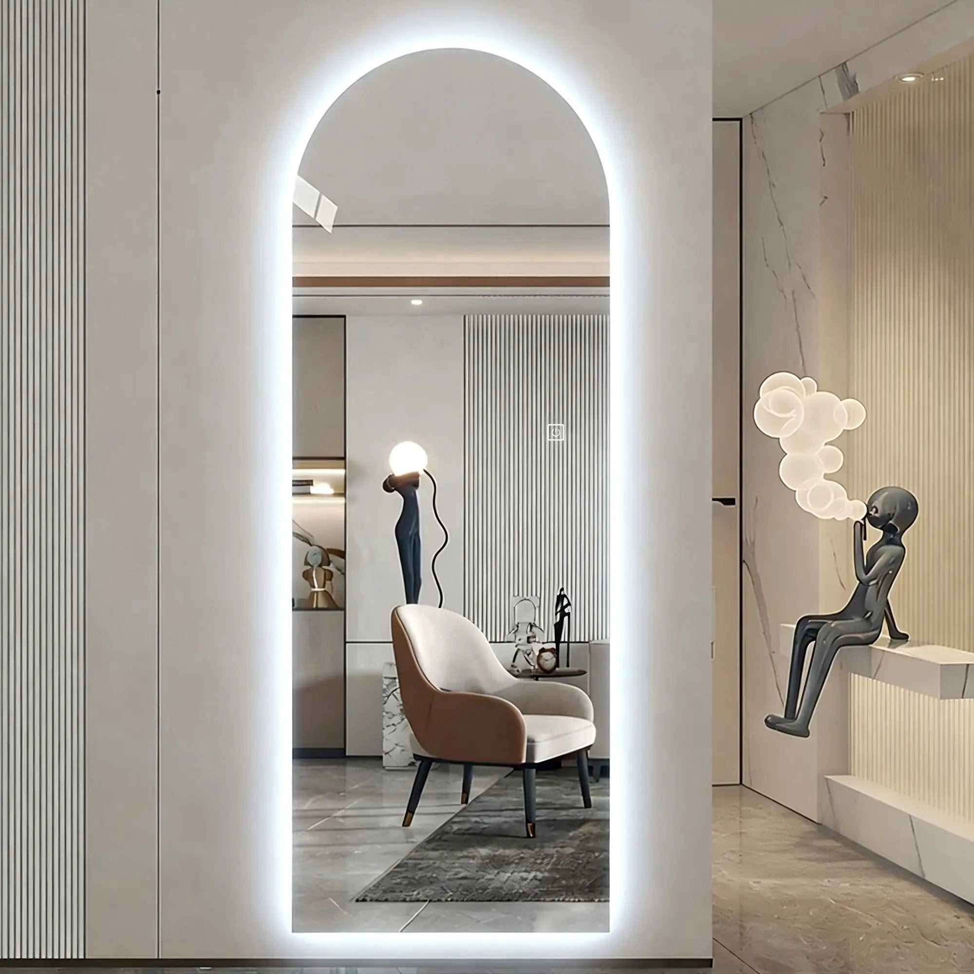 LED Full Length Wall Mirror With Symmetrical Arch Design, 3 Color Dimmable Lighting - Silver by HouseOfZazla