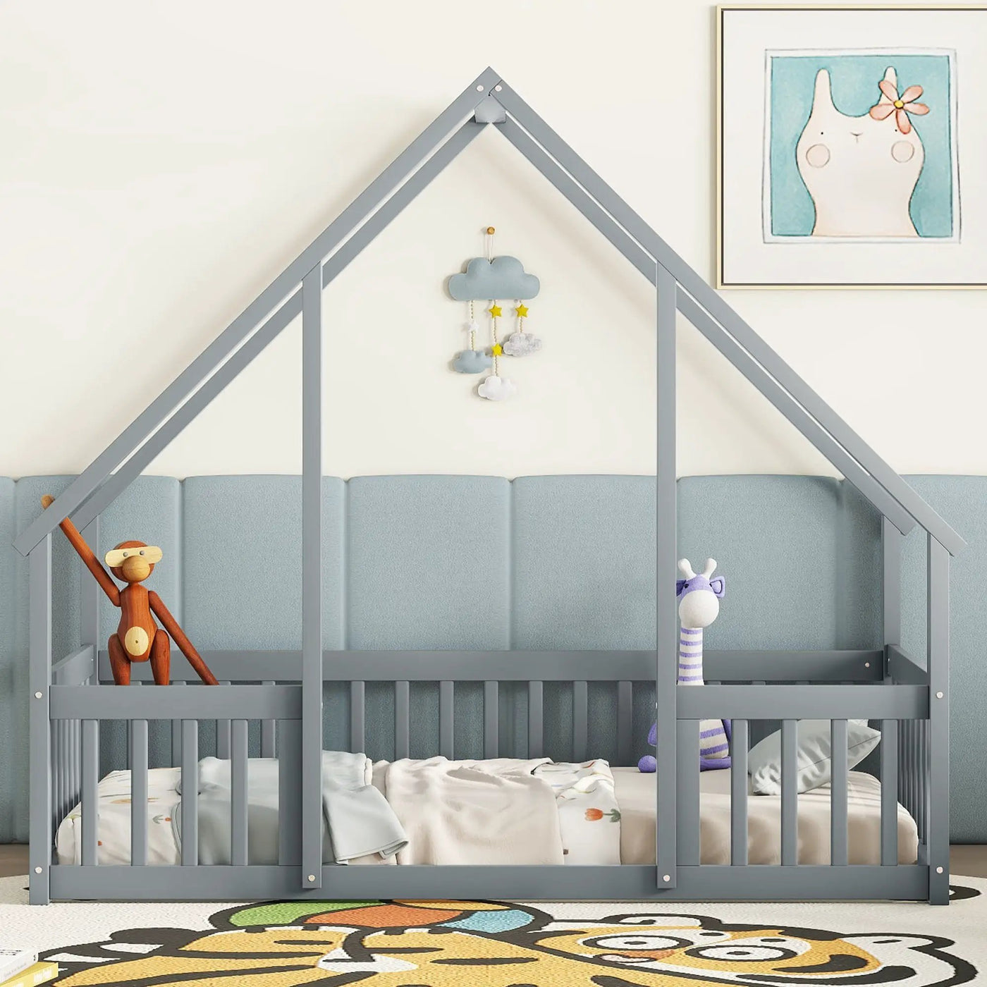 Wood House-Shaped Floor Bed With Fence, Guardrails by Unique Piece Furniture