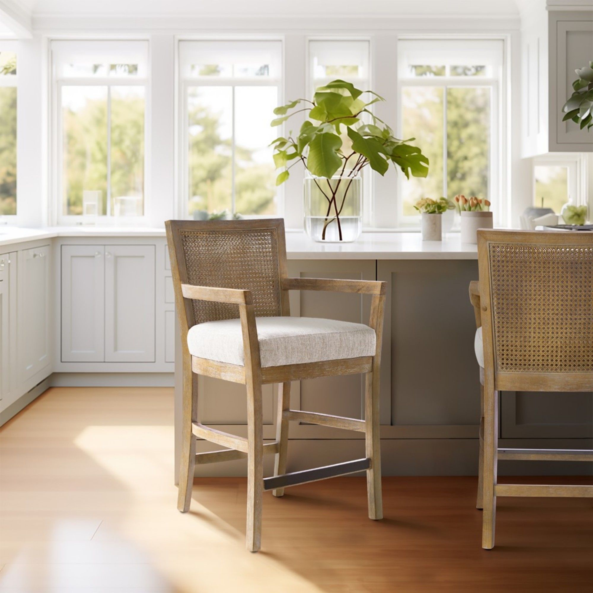 Cane Back Counter Stool With Upholstered Seat - Cream / Reclaimed Natural by HouseOfZazla