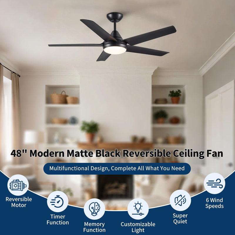 Ceiling Fan With Lights And Remote Control, Reversible DC Motor, 6 Speeds, 3 Cct Dimmable LED, Quiet Timer For Indoor - Black by HouseOfZazla