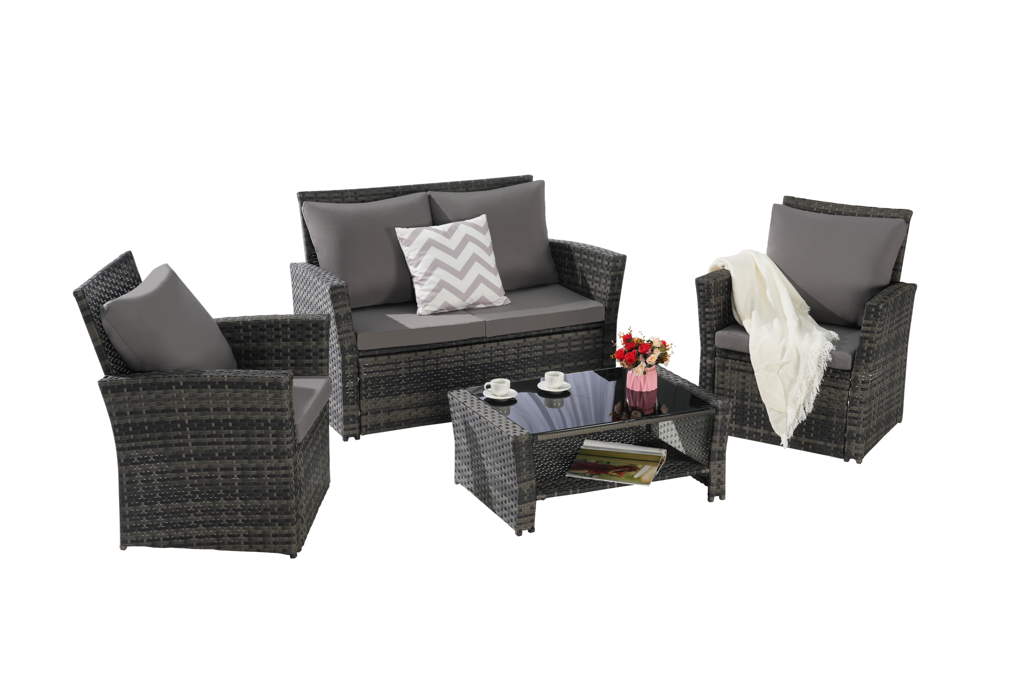 4 Pieces Outdoor Patio Furniture Sets Garden Rattan Chair Wicker Set by HouseOfZazla