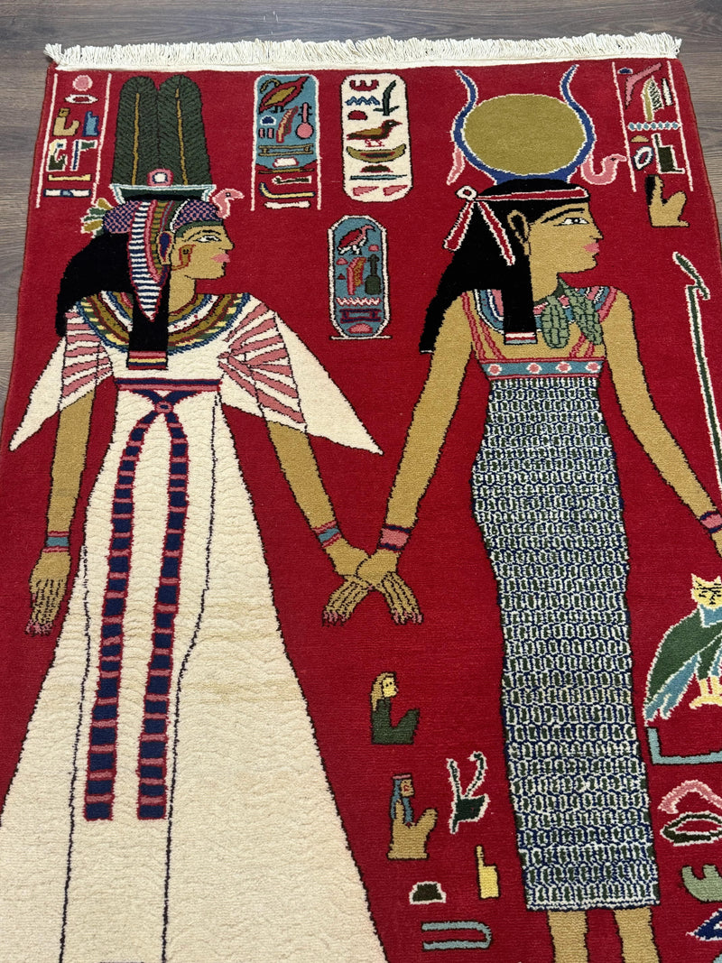 Egyptian Pictorial Rug 3x4, Hieroglyphic Pictorial Rug, Egyptian Prince and Princess, Cleopatra, Vintage Handmade, Red by Jewel Rugs