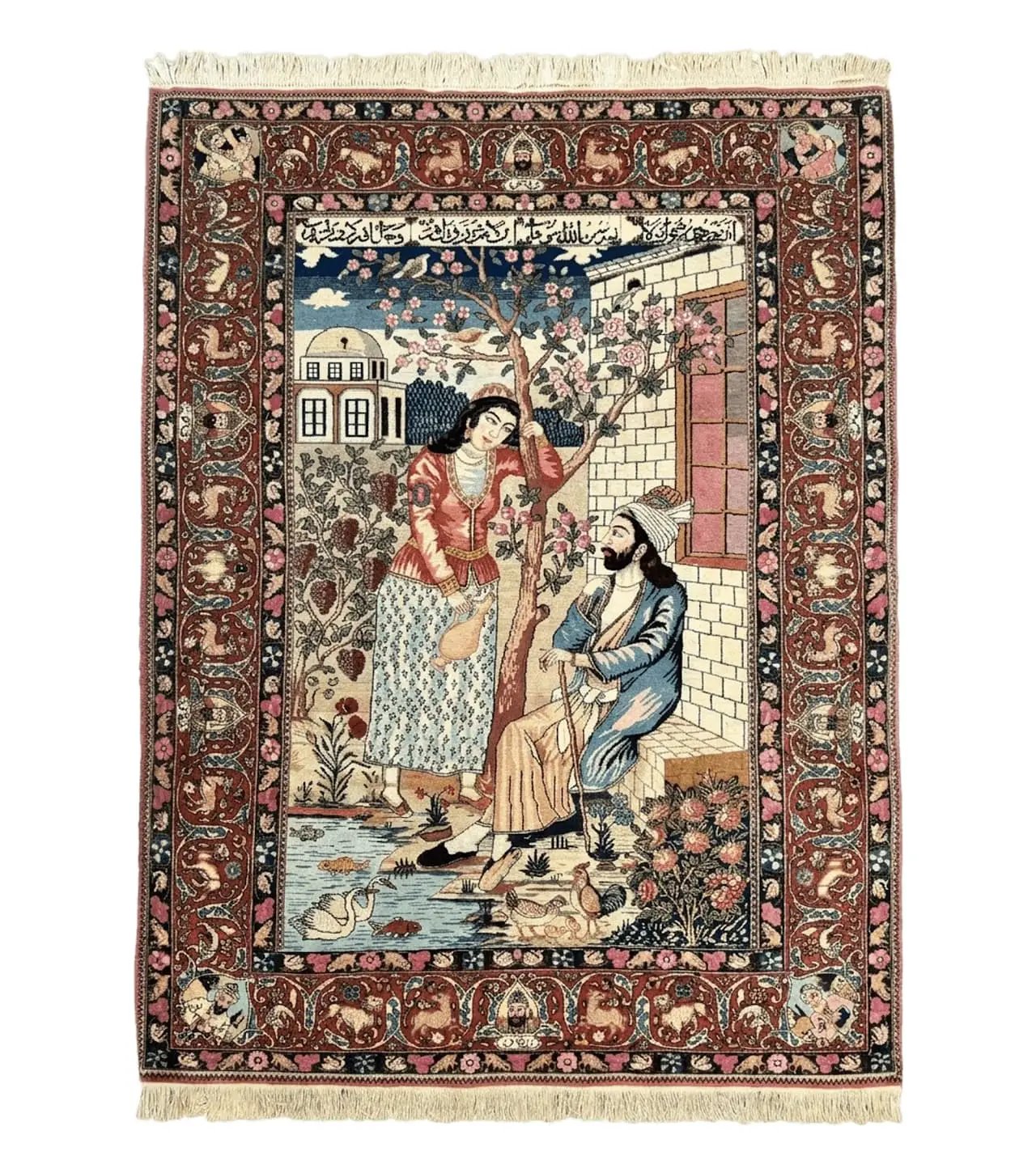 Wonderful Persian Kashan Pictorial Rug 4.7 x 6.5, Persian Rug for Wall Hanging, Handmade Antique Wool Carpet Animal Motifs Poetry Lovers, 240 KPSI by Jewel Rugs