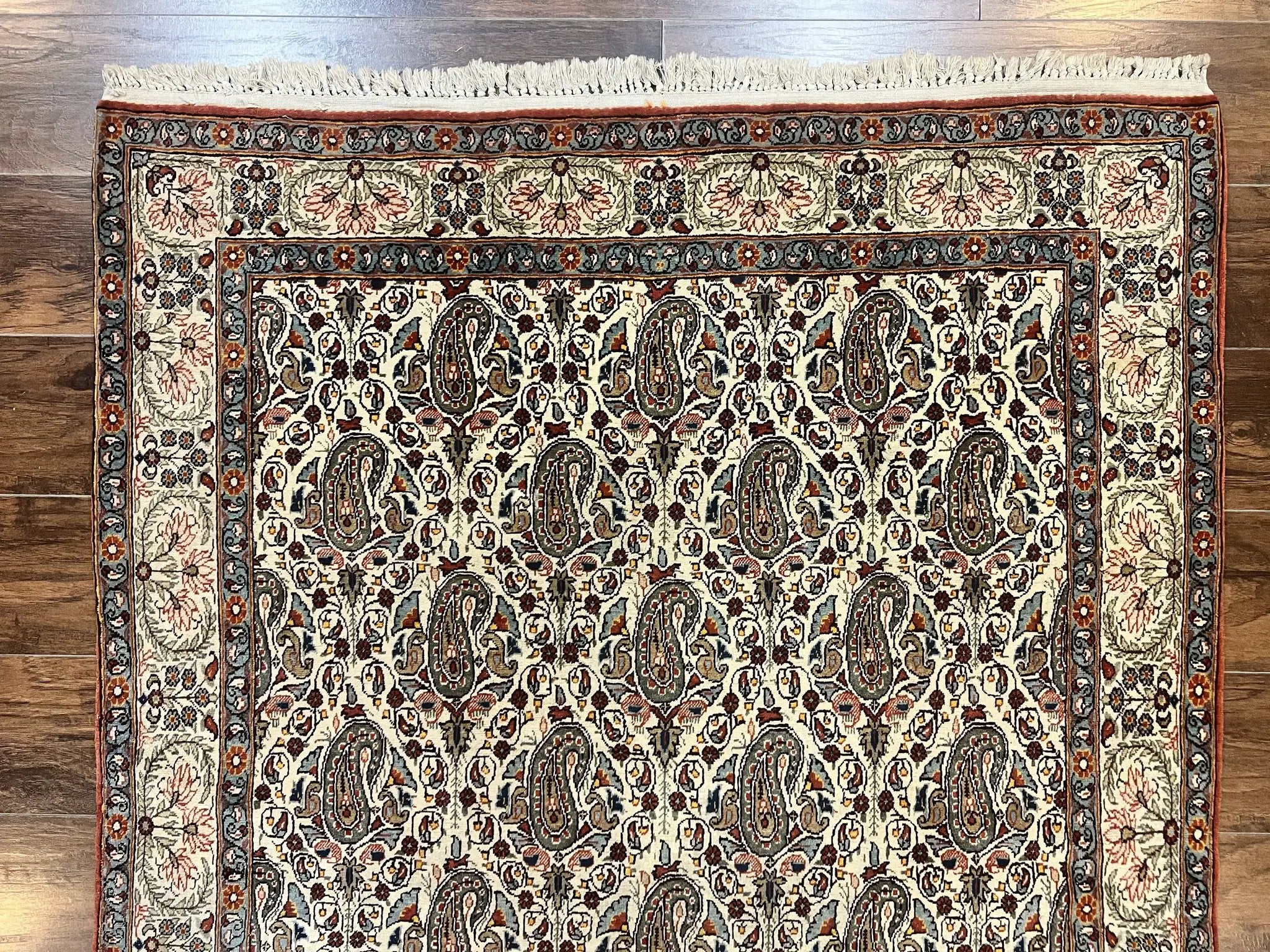 Persian Qum Rug 5x6, Cream Wool Hand Knotted Carpet, Repeated Boteh Paisely Design, Semi Antique Vintage Rug, Very Fine Weave 5 x 6 Rug by Jewel Rugs