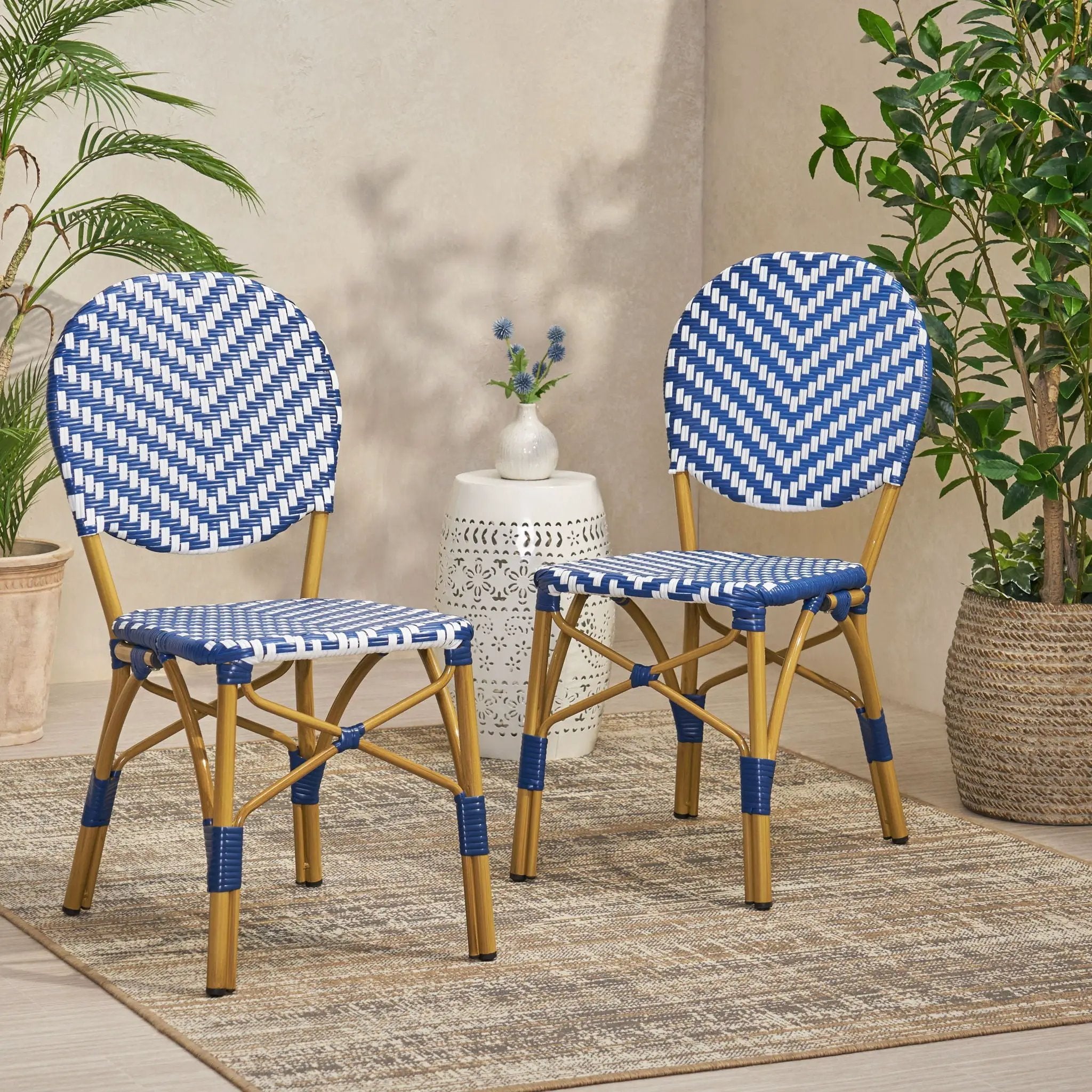 Outdoor Rattan and Aluminum French Armless Bistro Chairs Set - Navy Blue by HouseOfZazla