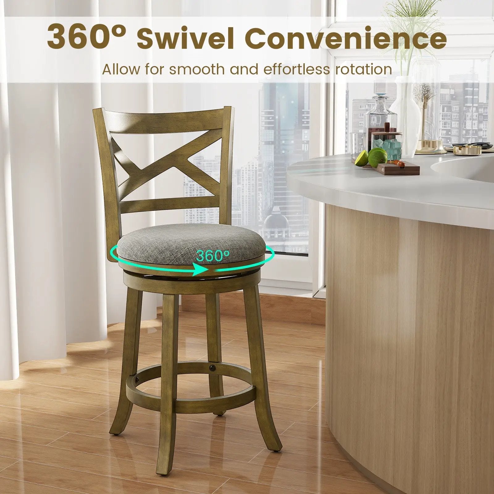 25/30 Inch Swivel Bar Stools Set of 2 with Backrests and Wood Frame by DirectDeals