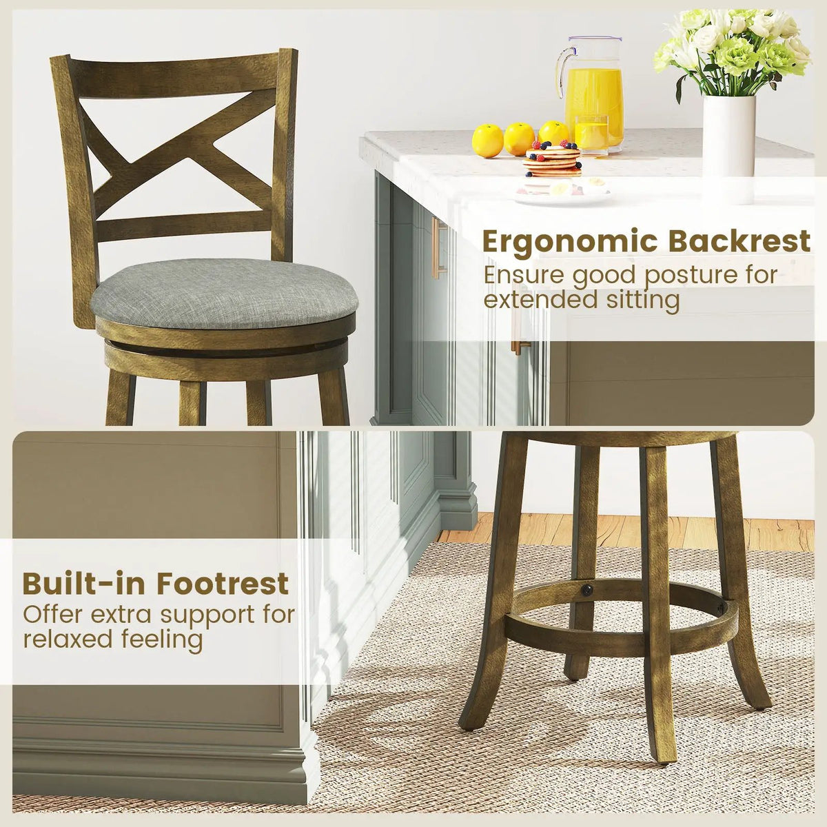25/30 Inch Swivel Bar Stools Set of 2 with Backrests and Wood Frame, photo 14 of 16