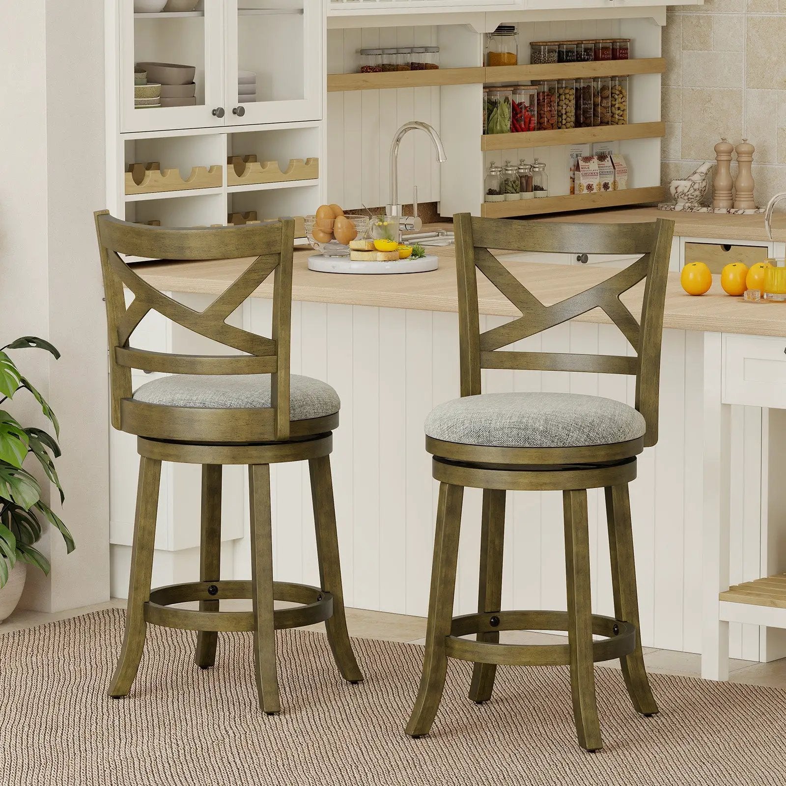 25/30 Inch Swivel Bar Stools Set of 2 with Backrests and Wood Frame by DirectDeals