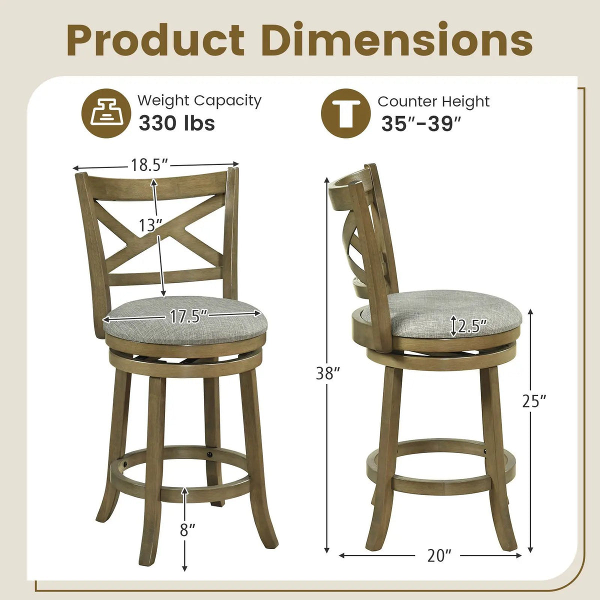 25/30 Inch Swivel Bar Stools Set of 2 with Backrests and Wood Frame, photo 8 of 16