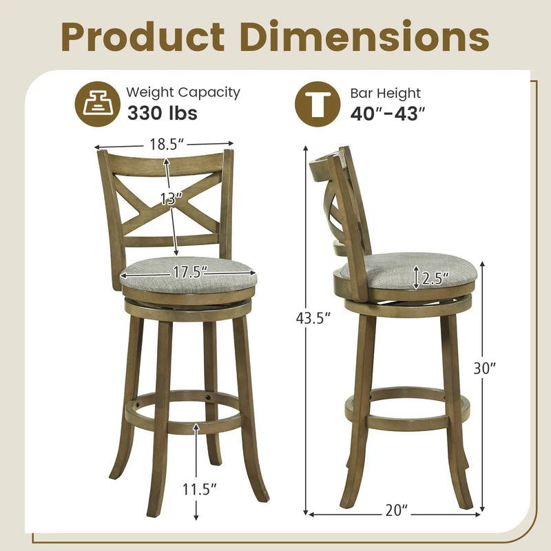 25/30 Inch Swivel Bar Stools Set of 2 with Backrests and Wood Frame by DirectDeals