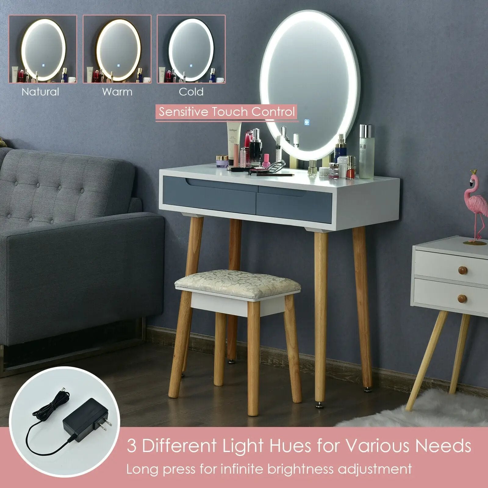 Touch Screen Vanity Makeup Table Stool Set with Lighted Mirror by DirectDeals