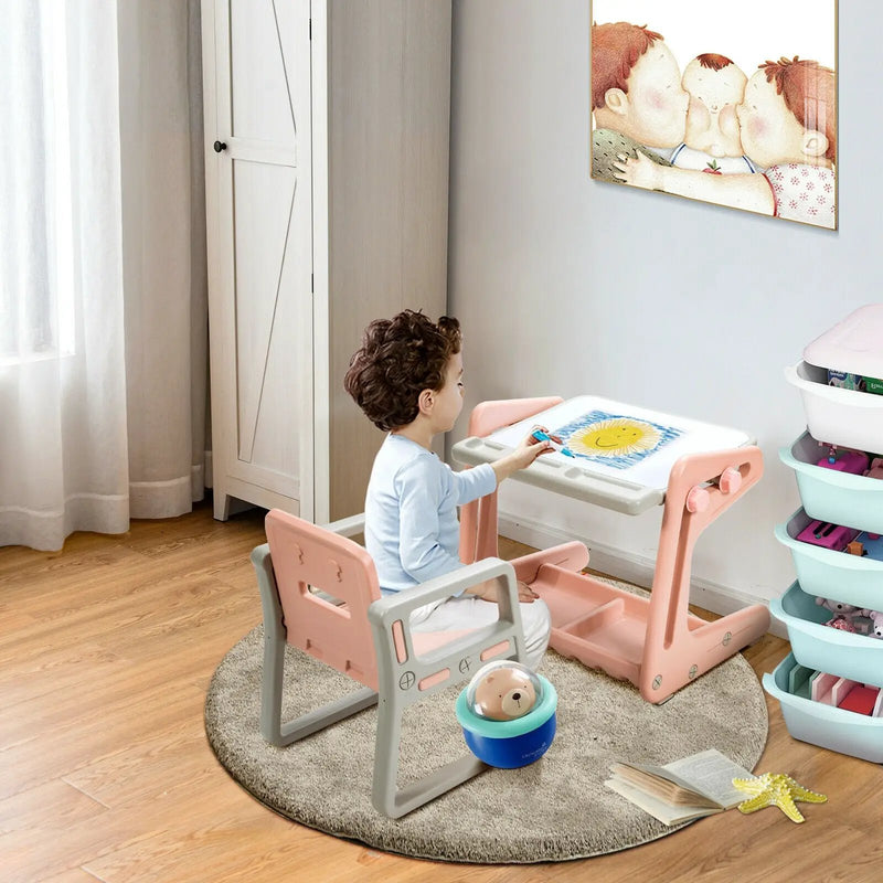 2 in 1 Kids Easel Table and Chair Set with Adjustable Art Painting Board by DirectDeals