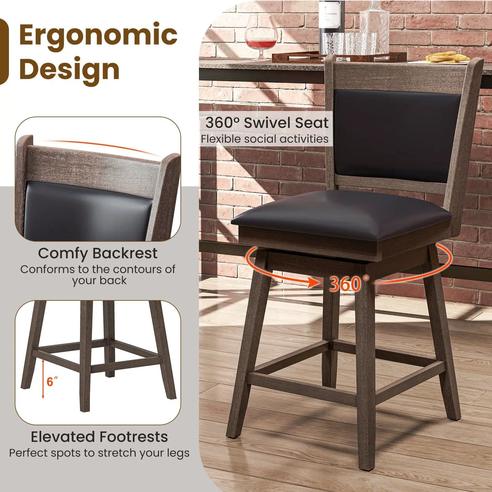 25/29 Inch Padded Bar Stools Set of 2 with Swivel Seat and Footrest by DirectDeals