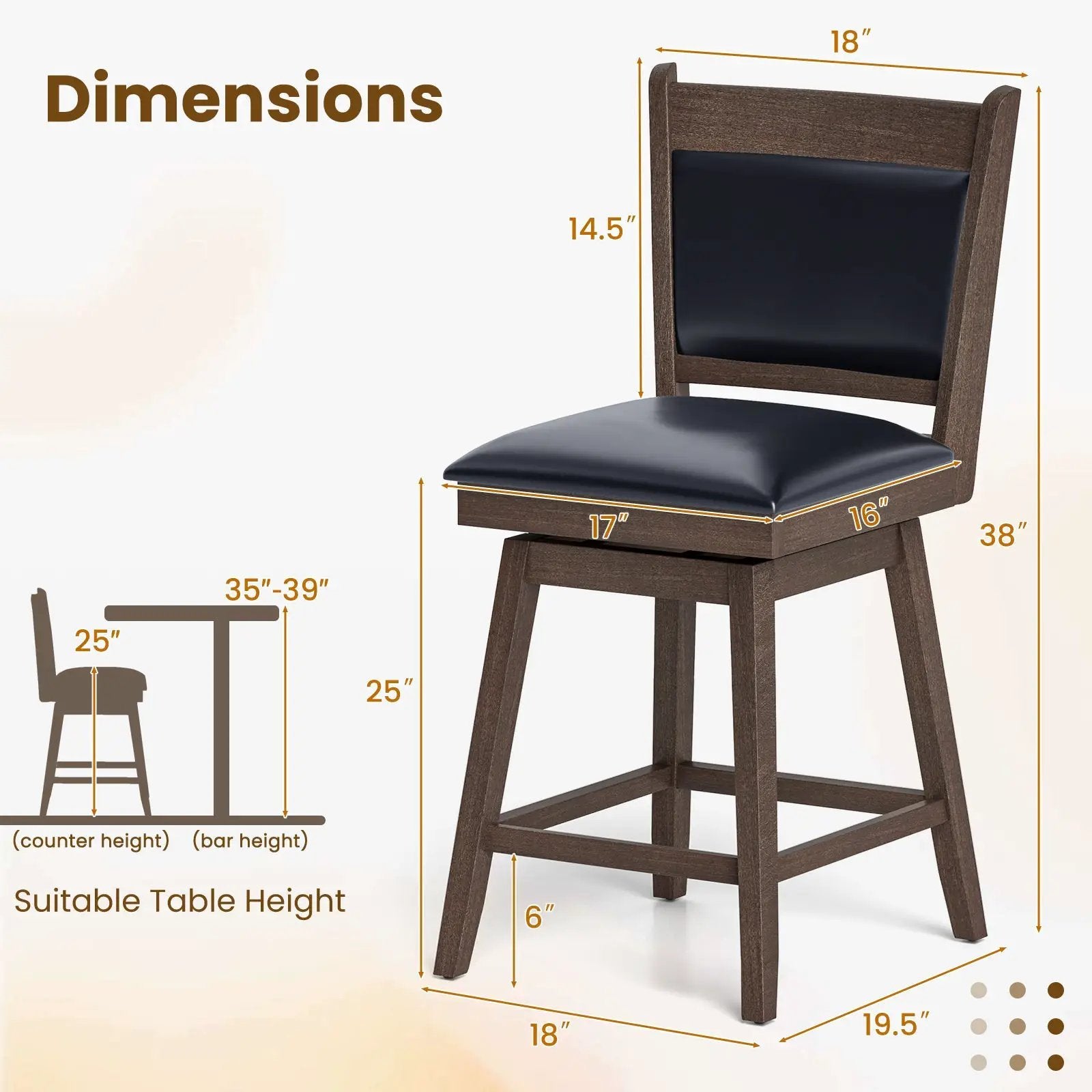 25/29 Inch Padded Bar Stools Set of 2 with Swivel Seat and Footrest by DirectDeals