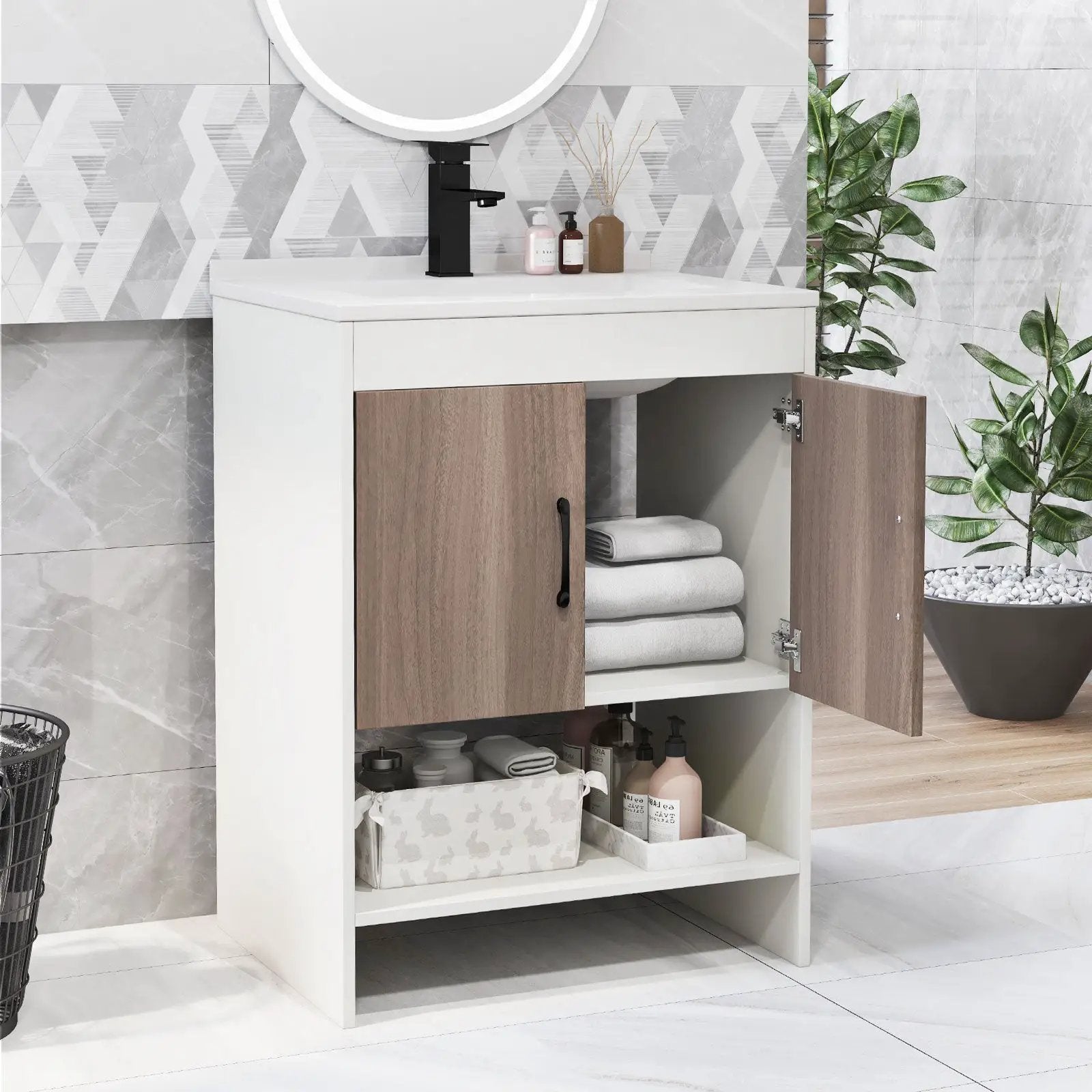 25 Inch Bathroom Vanity Sink Combo Cabinet with Doors and Open Shelf-Gray by DirectDeals