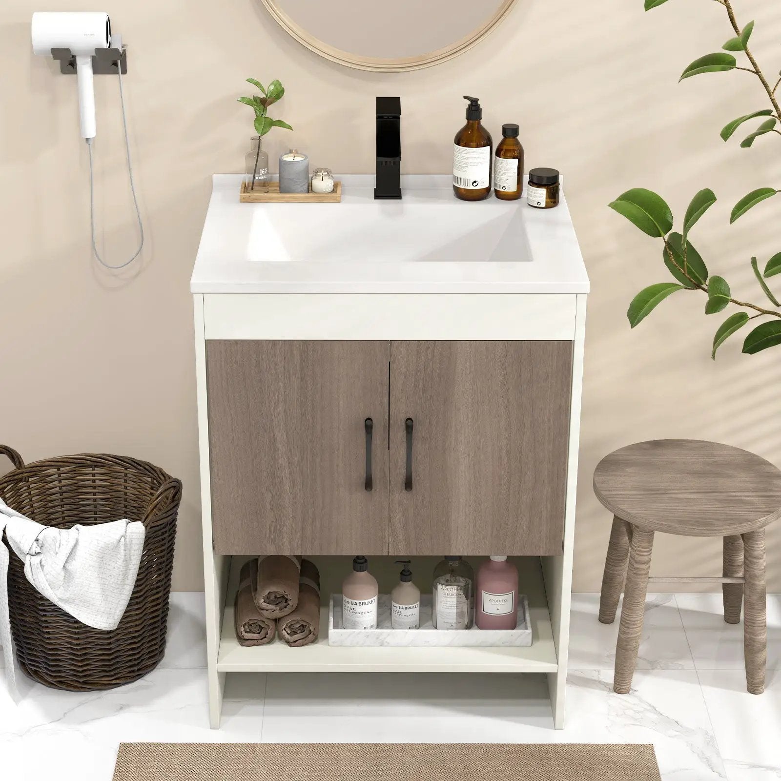 25 Inch Bathroom Vanity Sink Combo Cabinet with Doors and Open Shelf-Gray by DirectDeals
