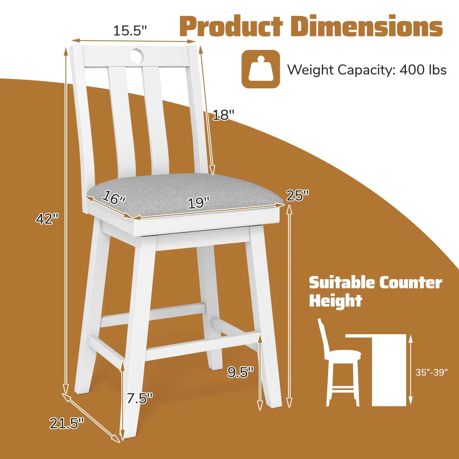 25 Inch Modern Bar Stools Set of 2 with Upholstered and 360¬∞ Rotation Seat-White by DirectDeals