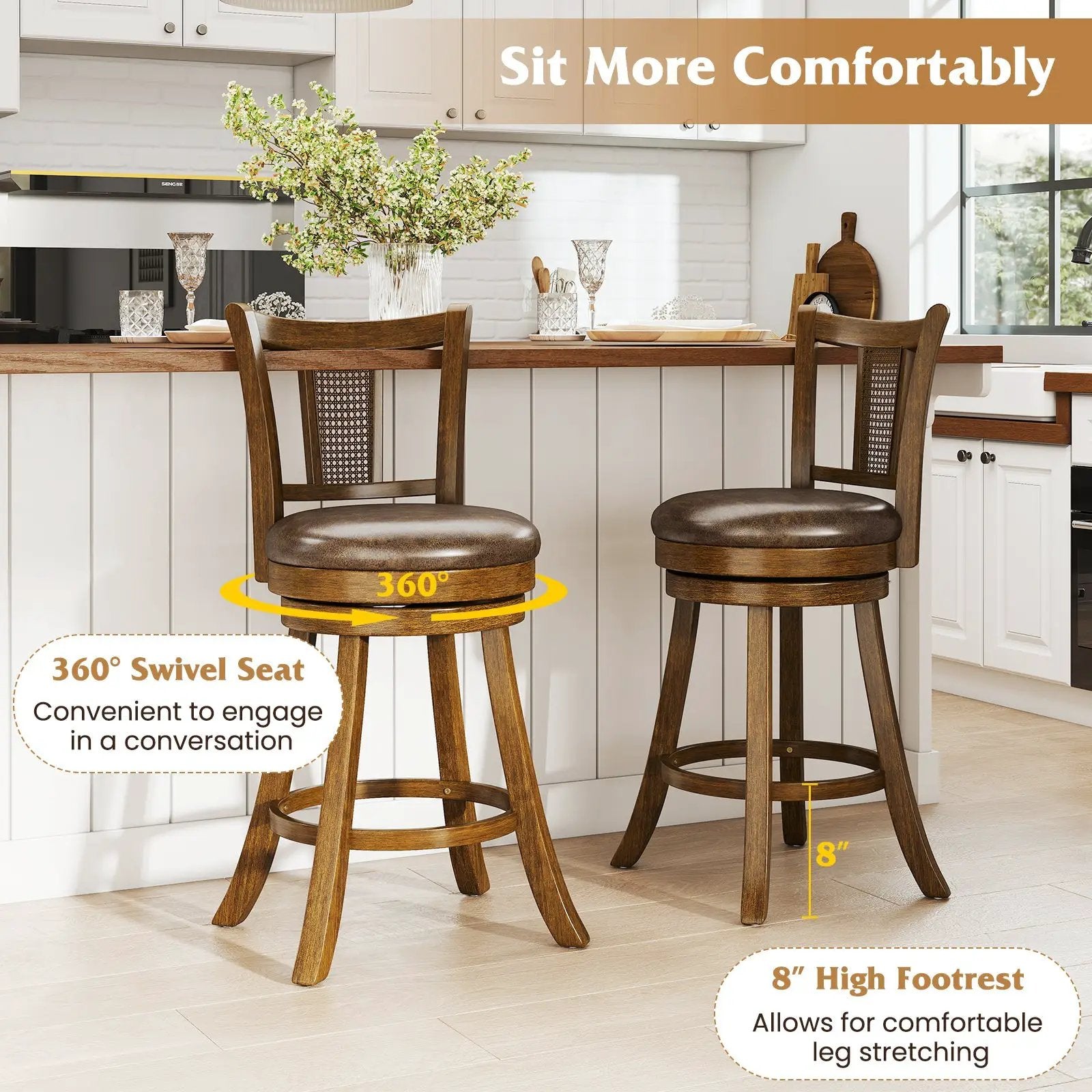 Swivel Bar Stools Set of 2 with Rattan Backrest - Brown by DirectDeals