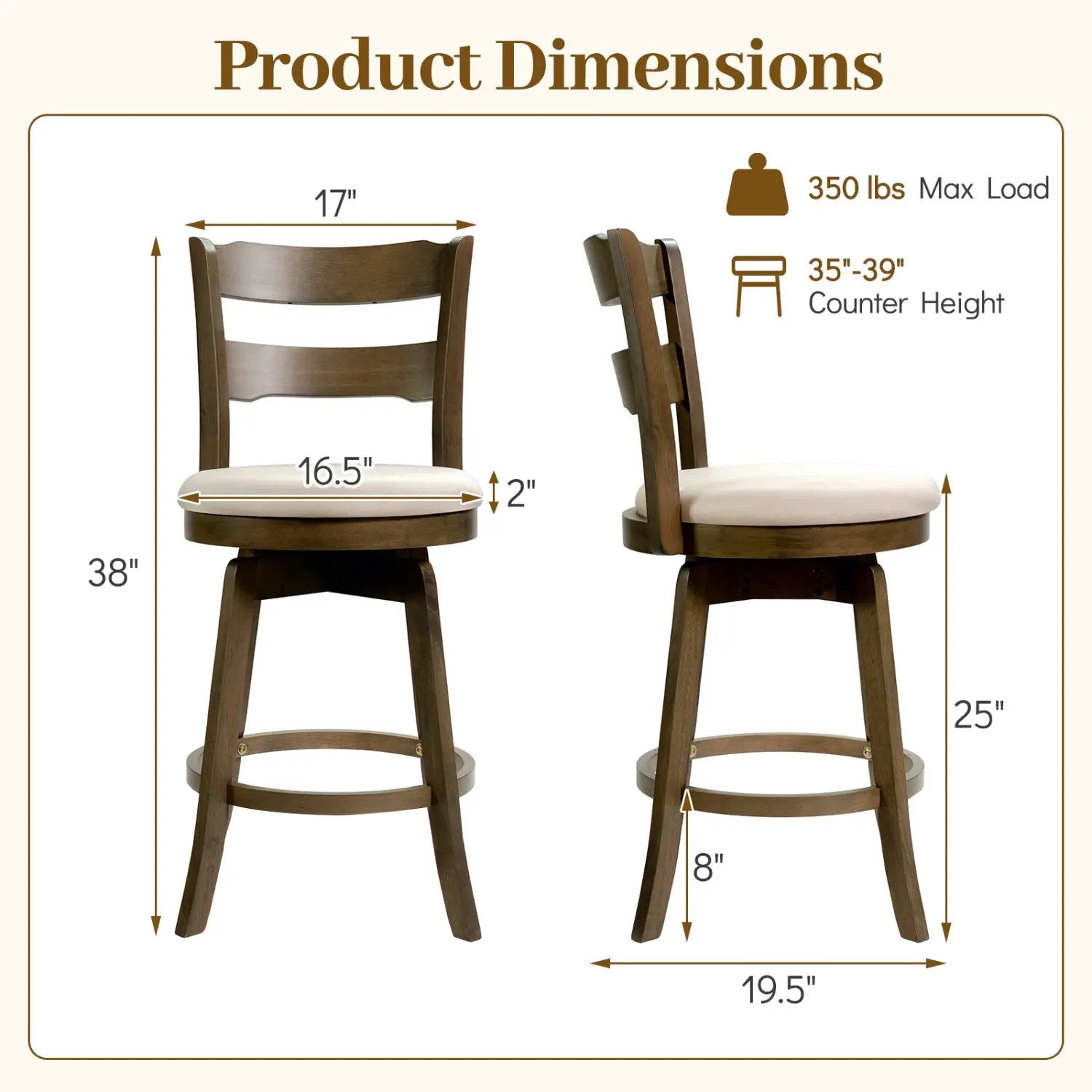 25 Inch Swivel Counter Barstools with Backrest & Upholstered Seat by DirectDeals