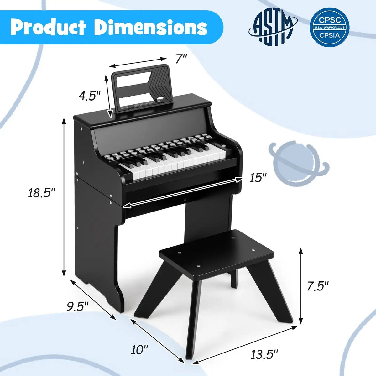 25 Keys Kids Piano Keyboard with Stool Mini Digital Piano Wooden Toy with Adjustable Speed and Volume, photo 14 of 24