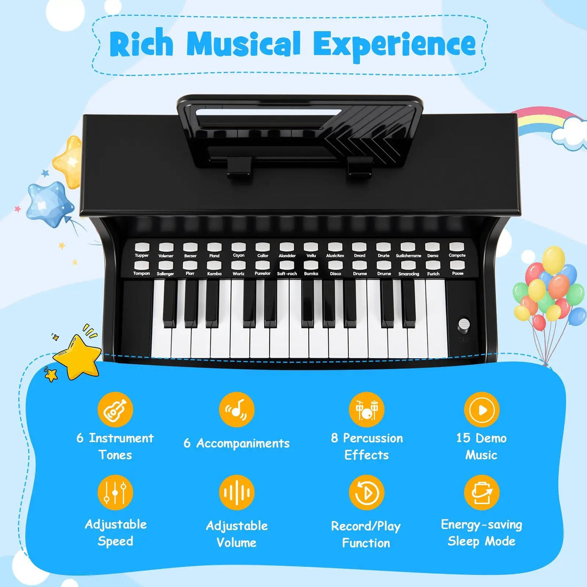 25 Keys Kids Piano Keyboard with Stool Mini Digital Piano Wooden Toy with Adjustable Speed and Volume, photo 16 of 24