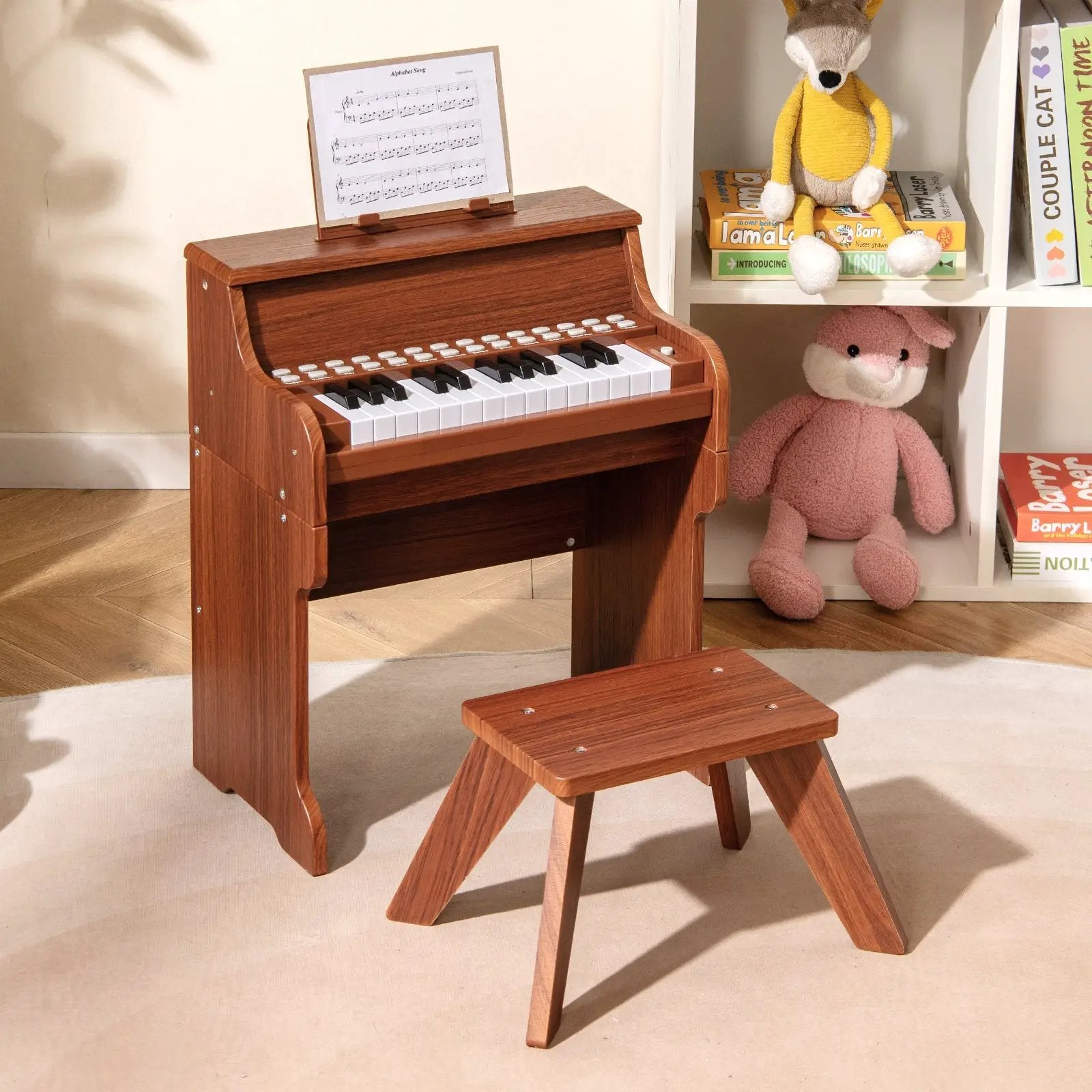 25 Keys Kids Piano Keyboard with Stool Mini Digital Piano Wooden Toy with Adjustable Speed and Volume by DirectDeals