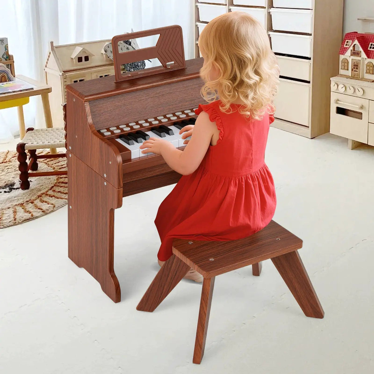 25 Keys Kids Piano Keyboard with Stool Mini Digital Piano Wooden Toy with Adjustable Speed and Volume, photo 4 of 24