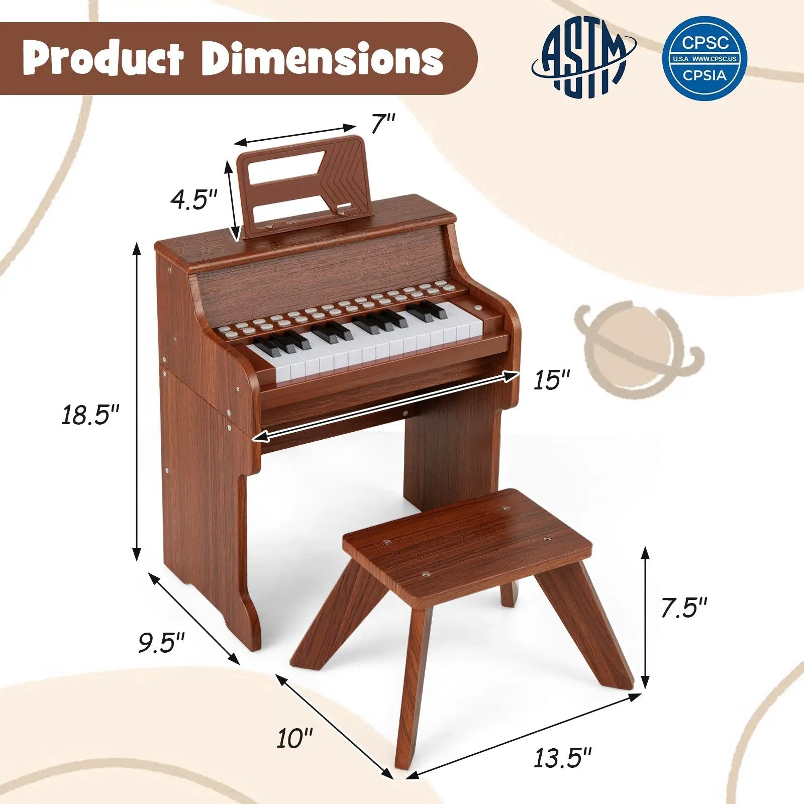 25 Keys Kids Piano Keyboard with Stool Mini Digital Piano Wooden Toy with Adjustable Speed and Volume by DirectDeals