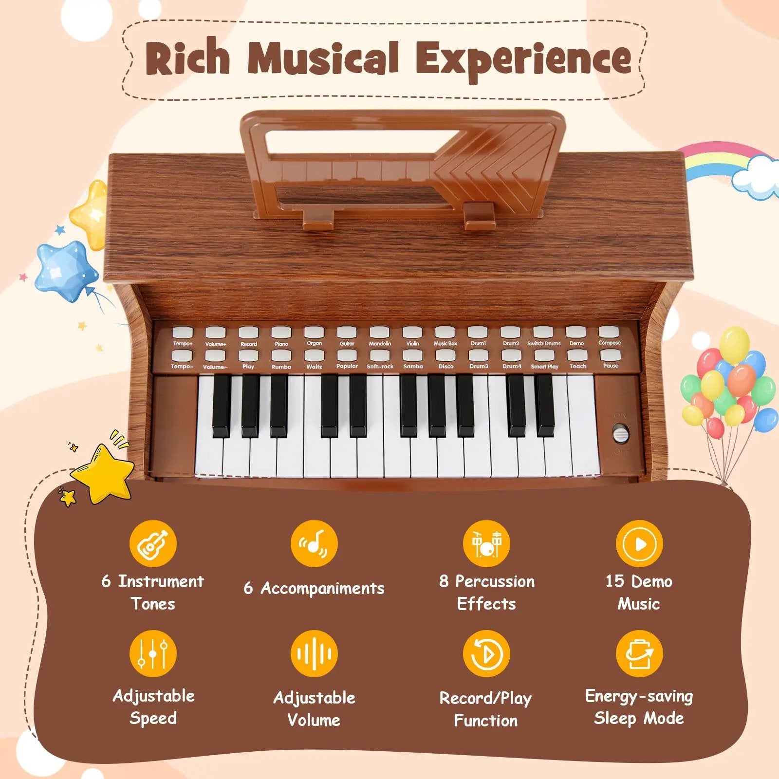 25 Keys Kids Piano Keyboard with Stool Mini Digital Piano Wooden Toy with Adjustable Speed and Volume by DirectDeals