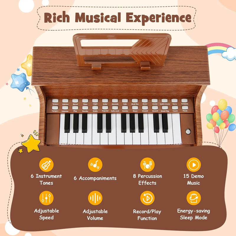 25 Keys Kids Piano Keyboard with Stool Mini Digital Piano Wooden Toy with Adjustable Speed and Volume by DirectDeals