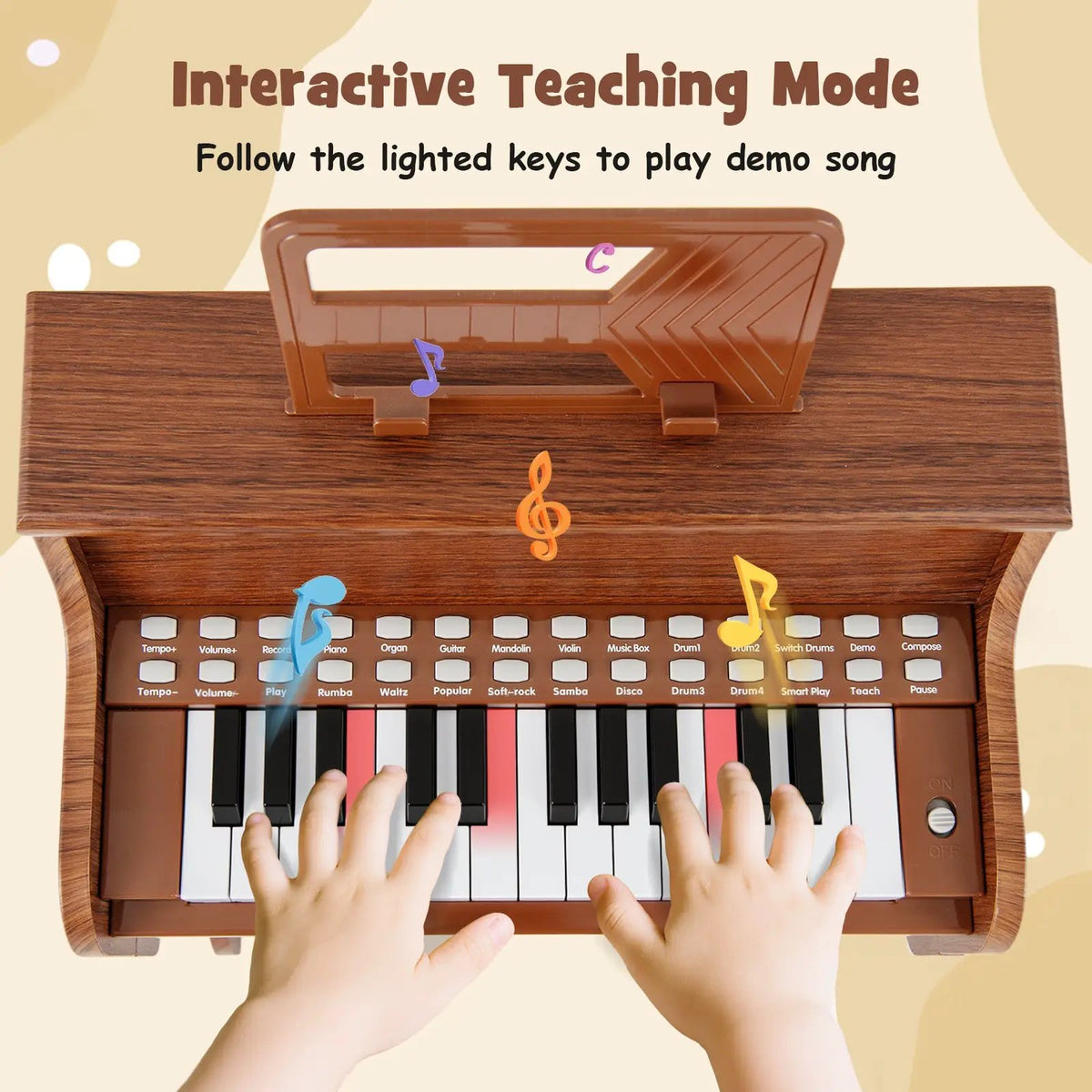 25 Keys Kids Piano Keyboard with Stool Mini Digital Piano Wooden Toy with Adjustable Speed and Volume, photo 20 of 24