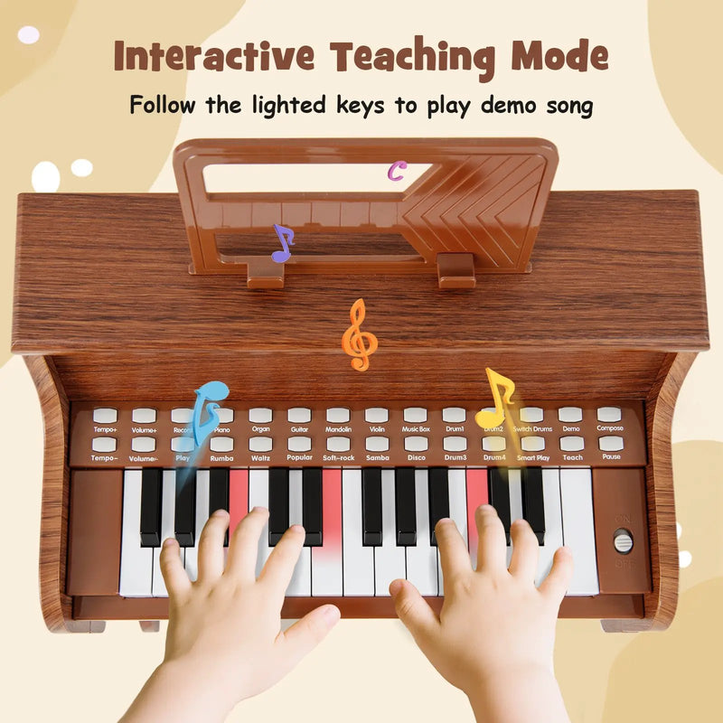 25 Keys Kids Piano Keyboard with Stool Mini Digital Piano Wooden Toy with Adjustable Speed and Volume by DirectDeals