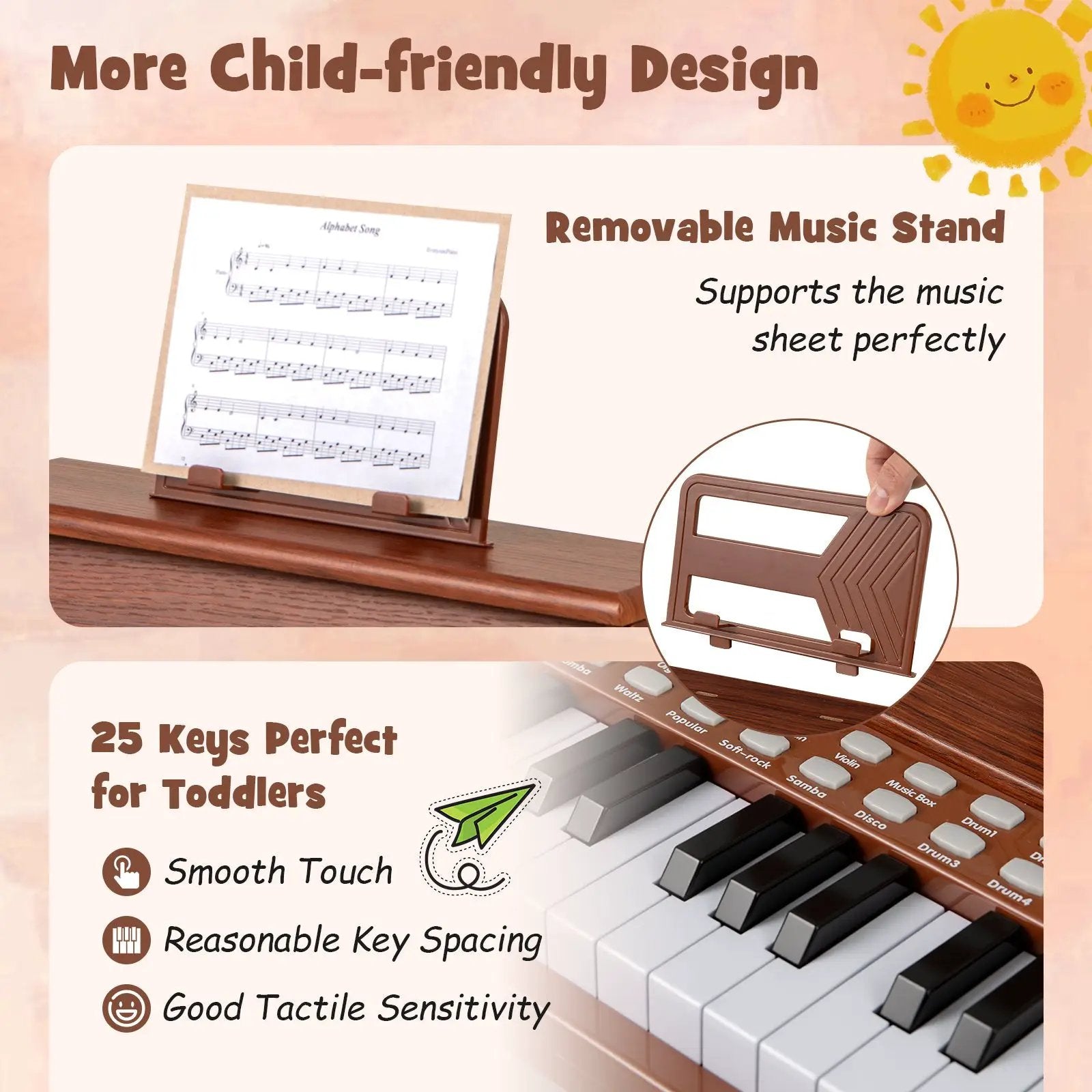25 Keys Kids Piano Keyboard with Stool Mini Digital Piano Wooden Toy with Adjustable Speed and Volume by DirectDeals