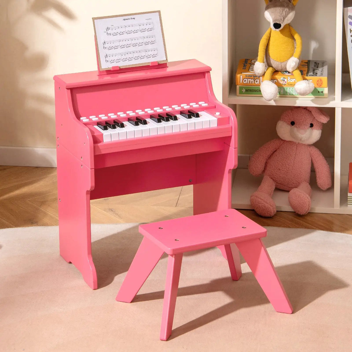 25 Keys Kids Piano Keyboard with Stool Mini Digital Piano Wooden Toy with Adjustable Speed and Volume, photo 3 of 24