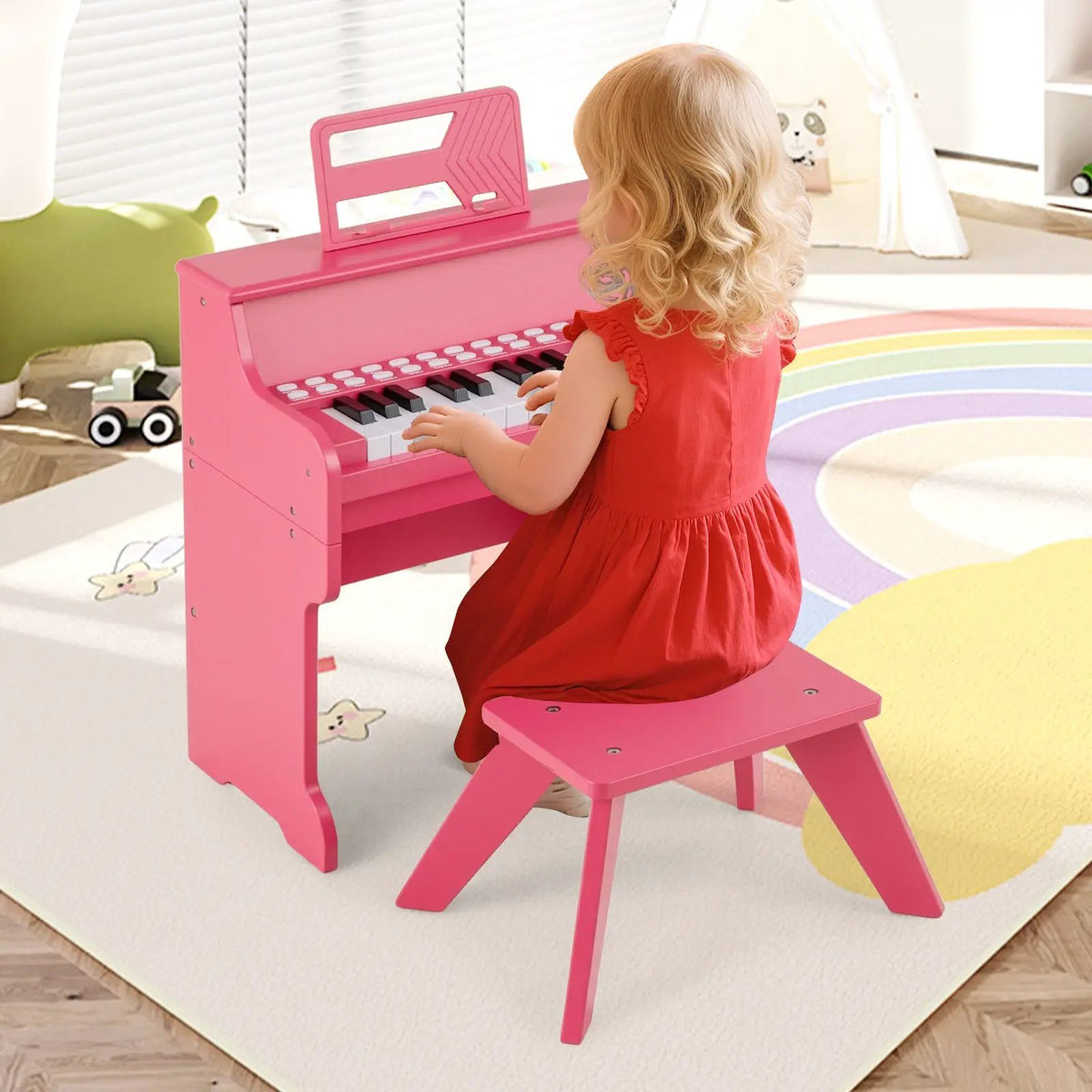 25 Keys Kids Piano Keyboard with Stool Mini Digital Piano Wooden Toy with Adjustable Speed and Volume, photo 5 of 24