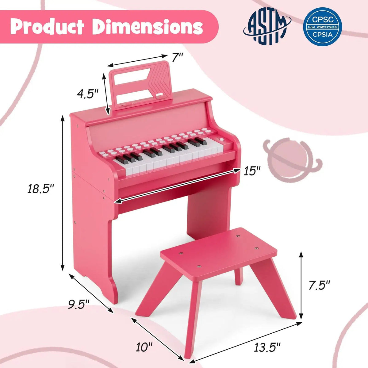 25 Keys Kids Piano Keyboard with Stool Mini Digital Piano Wooden Toy with Adjustable Speed and Volume, photo 13 of 24