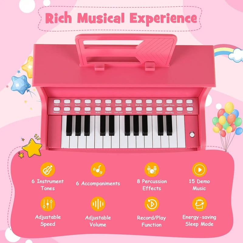25 Keys Kids Piano Keyboard with Stool Mini Digital Piano Wooden Toy with Adjustable Speed and Volume by DirectDeals