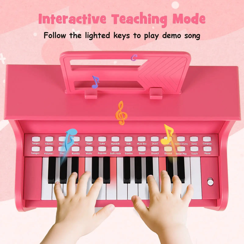 25 Keys Kids Piano Keyboard with Stool Mini Digital Piano Wooden Toy with Adjustable Speed and Volume by DirectDeals