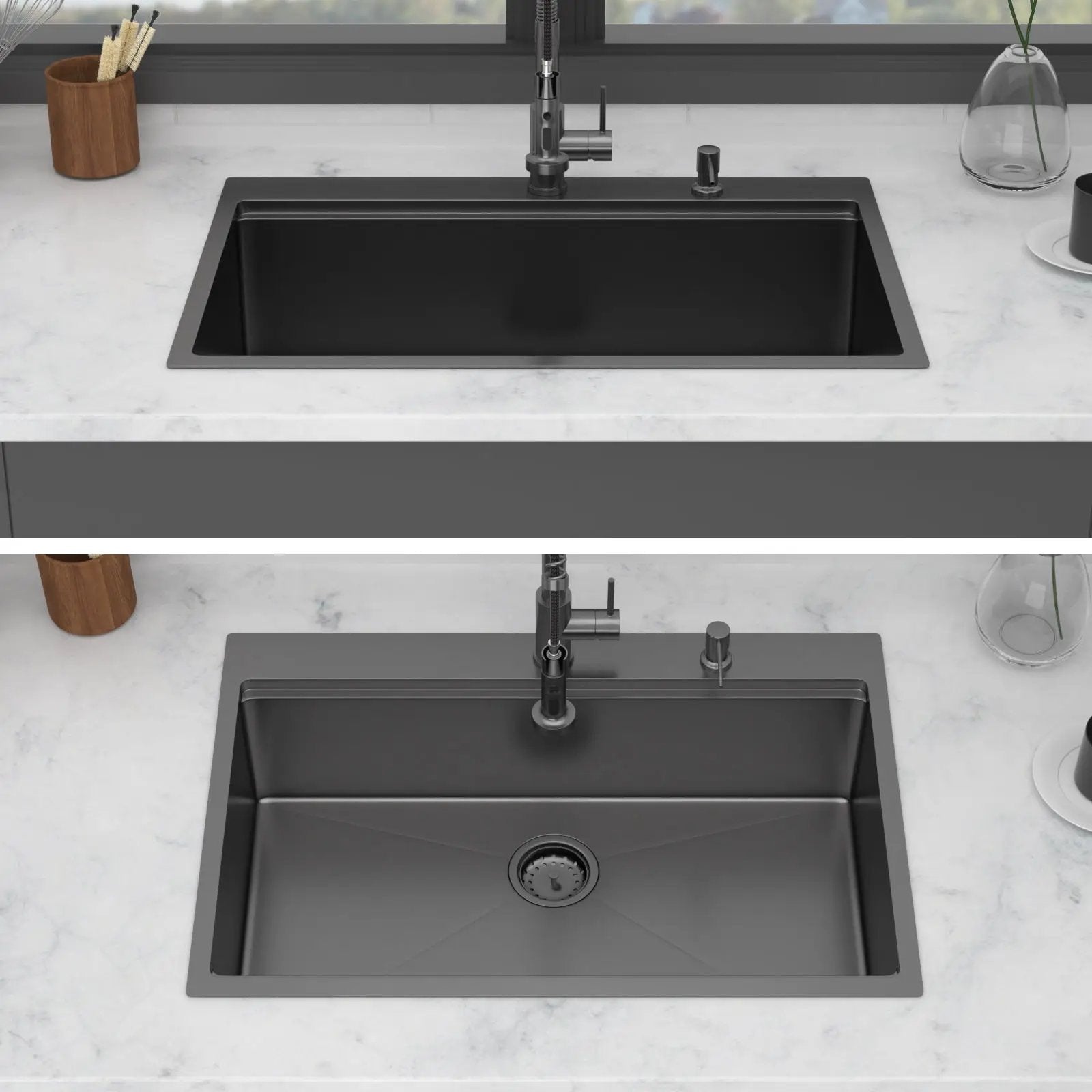 Drop In Kitchen Sink With Pull Out Faucet And Soap Dispenser, Single Bowl Topmount Sink - Gunmetal Black by HouseOfZazla