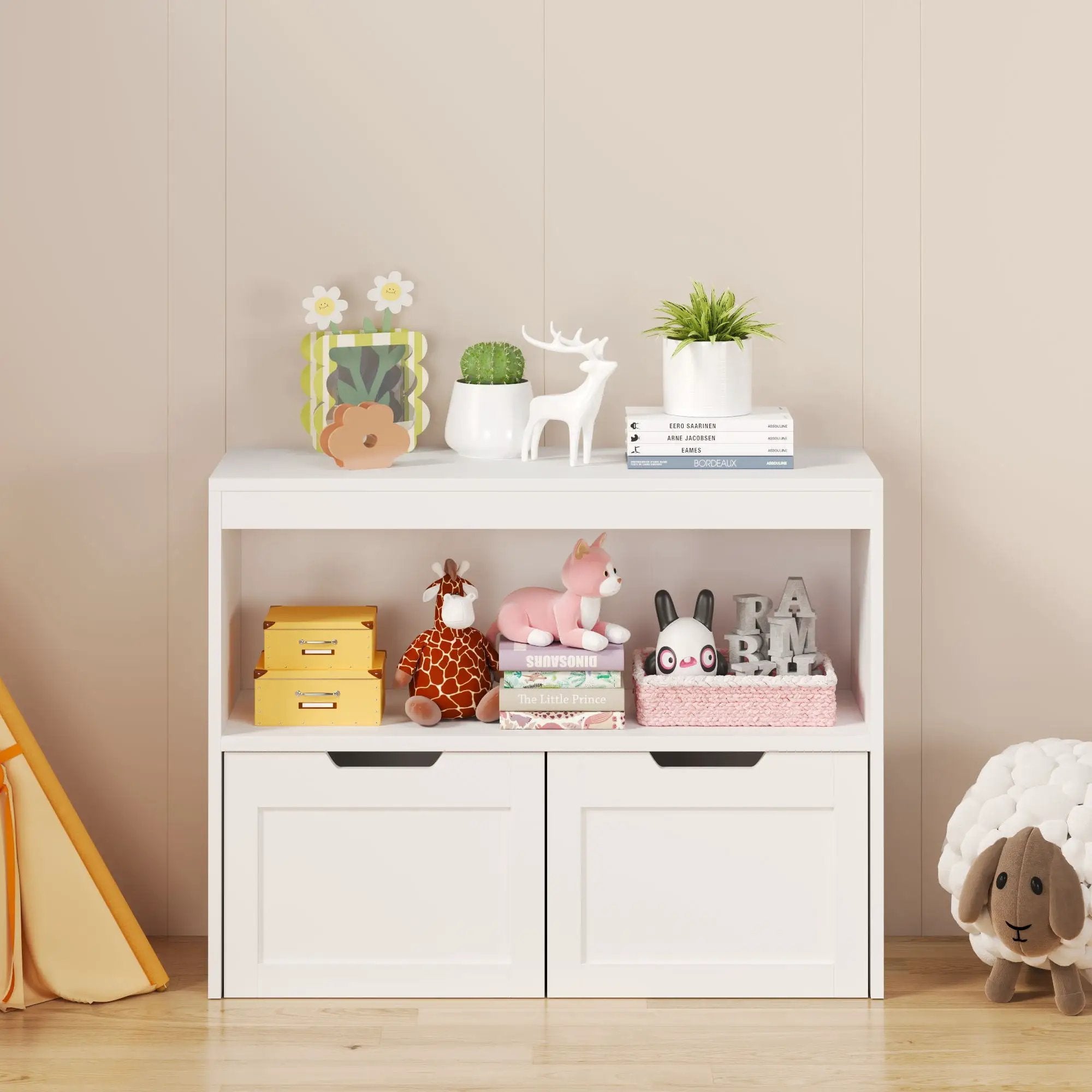 Book Organizer With Large Drawers And Open Shelves, Toy Storage Cabinet With Removable Wheels And Rounded Edges - White by Unique Piece Furniture