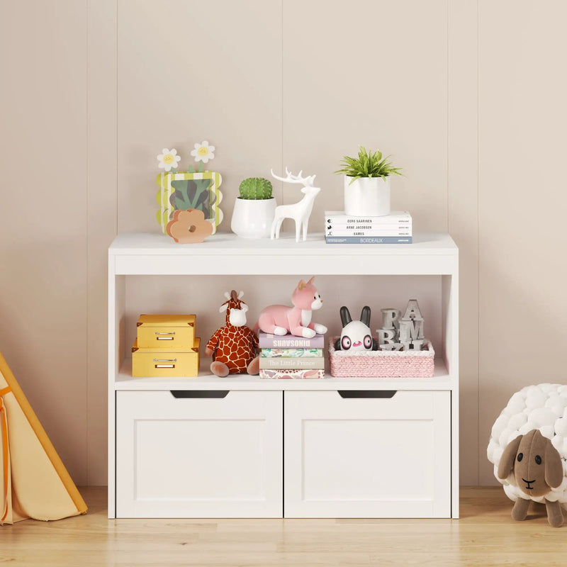 Book Organizer With Large Drawers And Open Shelves, Toy Storage Cabinet With Removable Wheels And Rounded Edges - White by Unique Piece Furniture